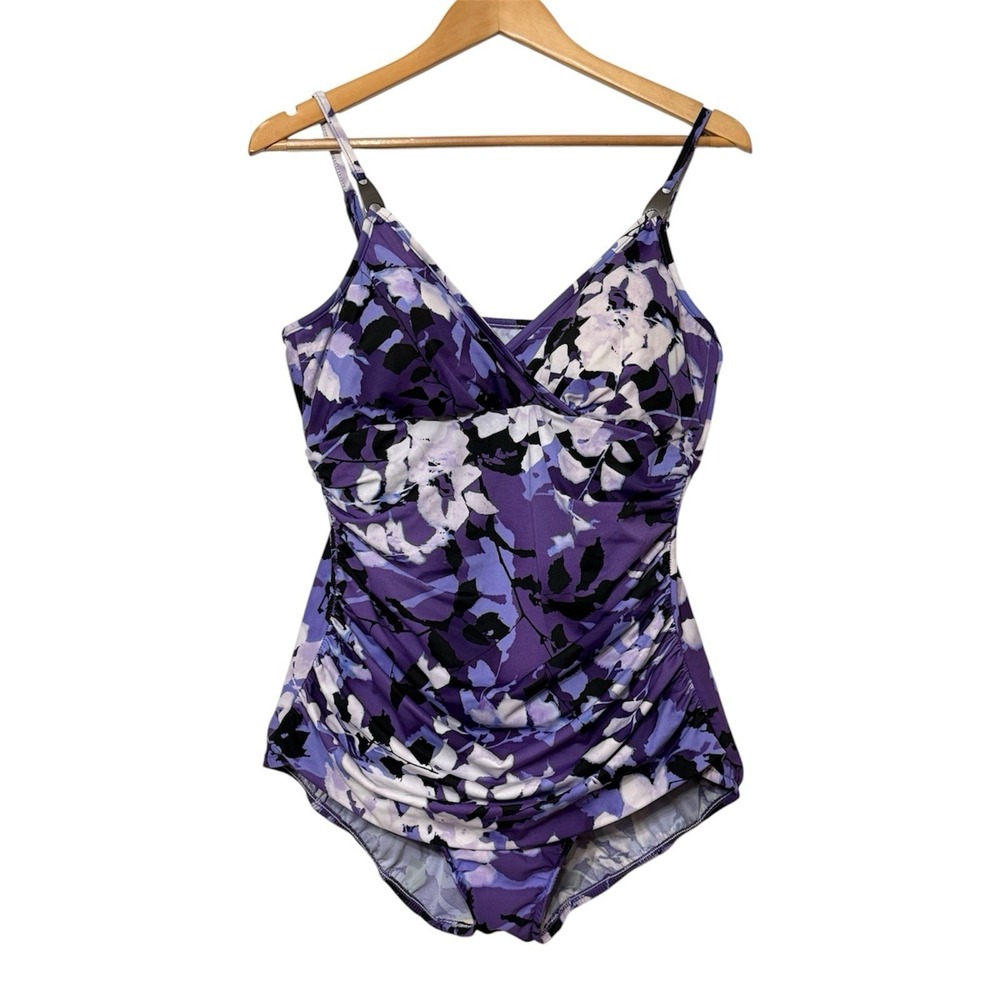 Trimshaper One Piece Swimsuit Abstract Floral Tummy Control Padded Ruching 16W
